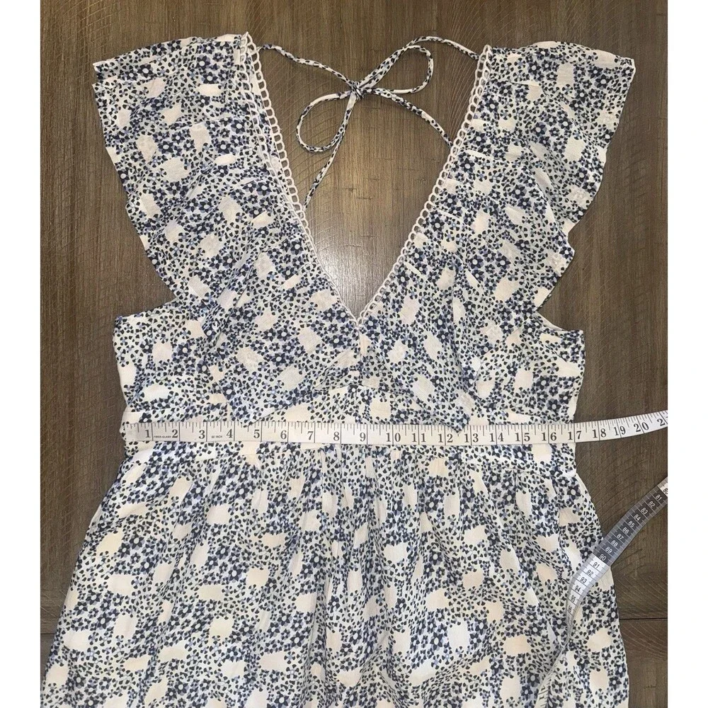 Anthropologie V-Neck Plunge Tunic Mini Blue White Floral Dress Size Medium $148